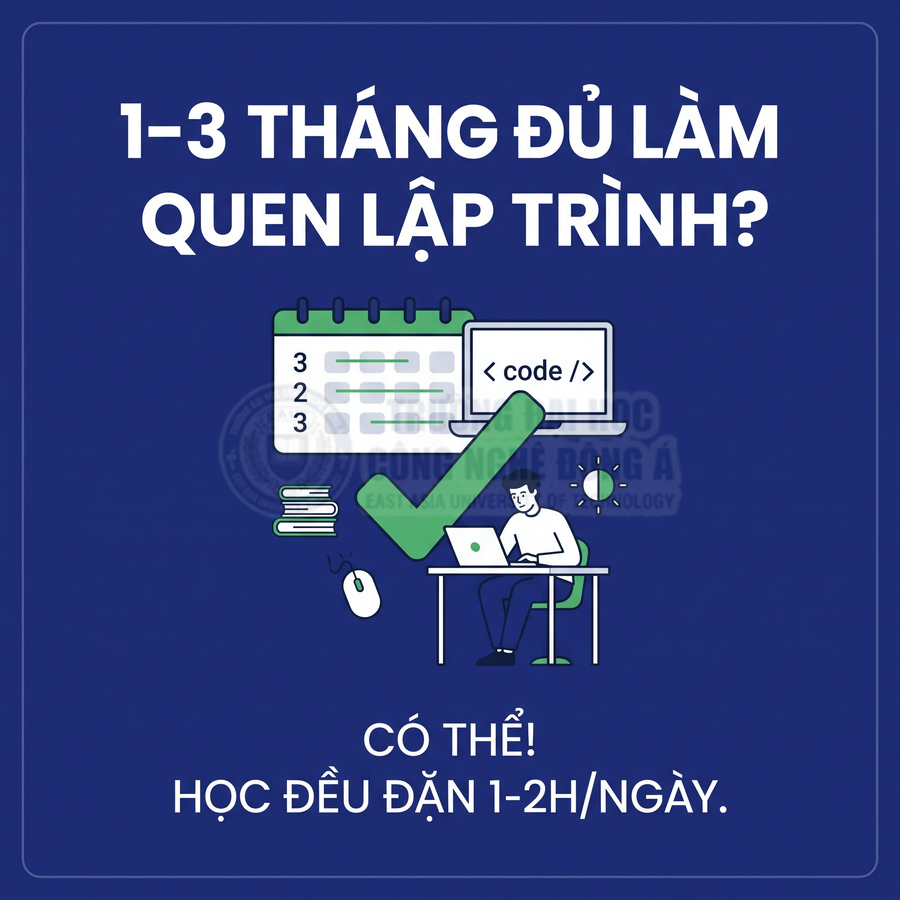 Banner học lập trình 1 đến 3 tháng với hình minh họa người ngồi laptop, lịch học và dòng chữ học đều 1 đến 2 giờ mỗi ngày