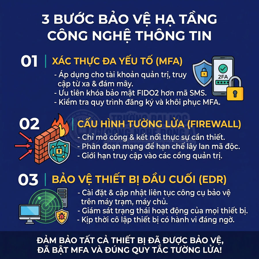 Ba bước bảo vệ hạ tầng công nghệ thông tin bằng MFA, tường lửa và công cụ bảo vệ thiết bị đầu cuối EDR