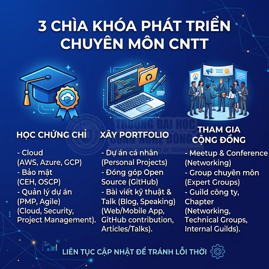 Infographic 3 chìa khóa phát triển chuyên môn CNTT với học chứng chỉ, xây portfolio và tham gia cộng đồng