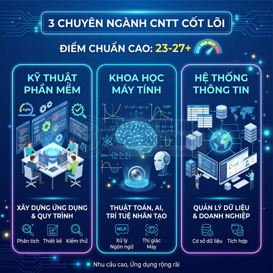 Infographic giới thiệu 3 chuyên ngành CNTT cốt lõi: Kỹ thuật phần mềm, Khoa học máy tính, Hệ thống thông tin