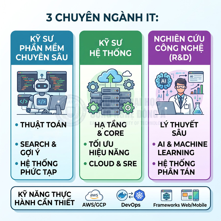 Minh họa ba chuyên ngành IT gồm kỹ sư phần mềm, kỹ sư hệ thống và nghiên cứu công nghệ cùng kỹ năng thực hành cần thiết