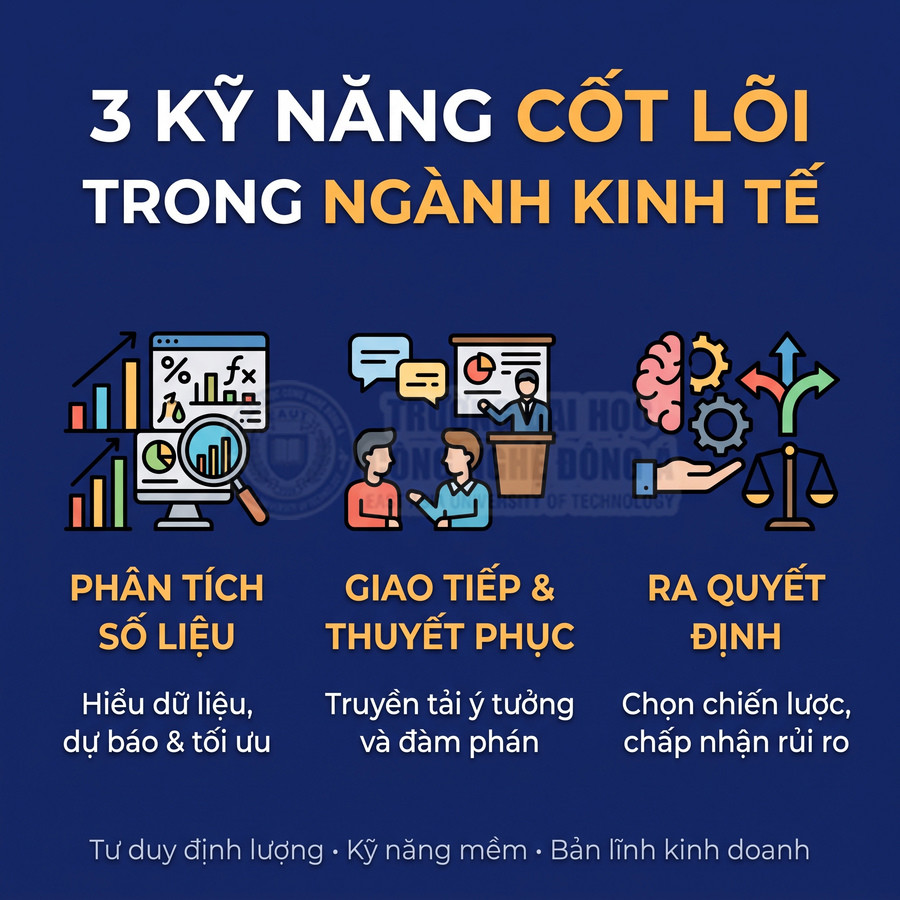 Ba kỹ năng cốt lõi trong ngành kinh tế gồm phân tích số liệu, giao tiếp và thuyết phục, ra quyết định