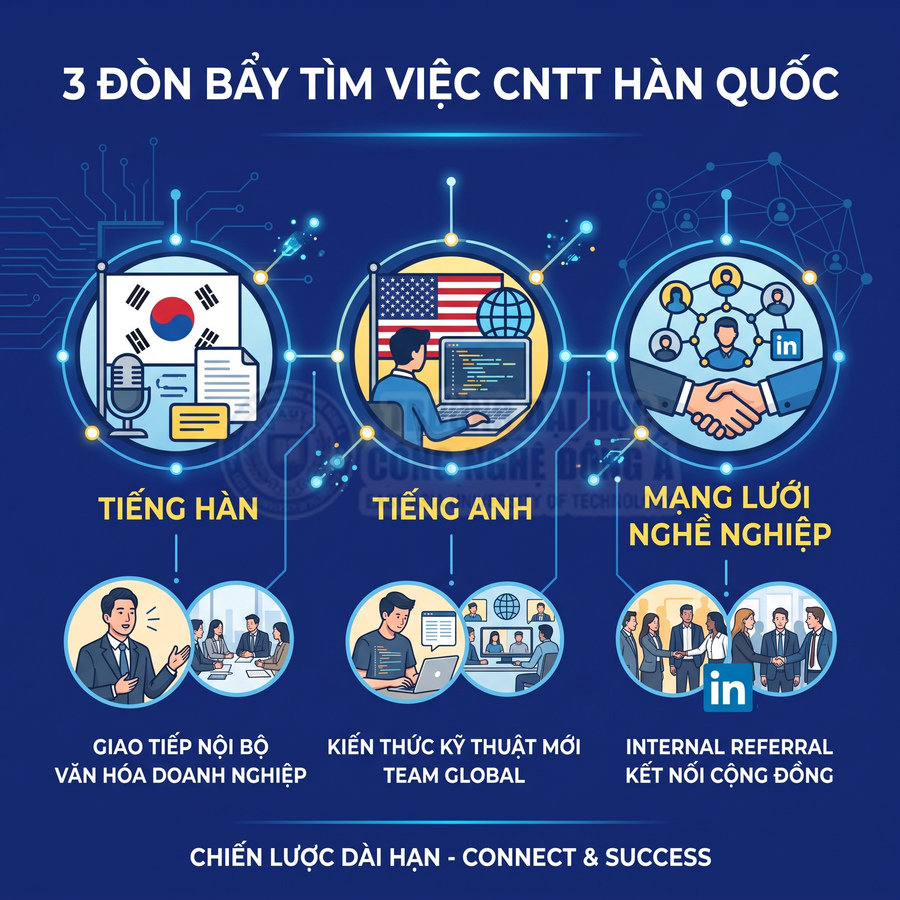 Infographic 3 đòn bẩy tìm việc CNTT Hàn Quốc với tiếng Hàn, tiếng Anh và mạng lưới nghề nghiệp LinkedIn