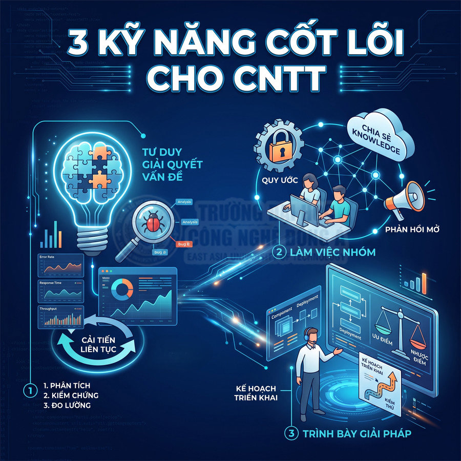 Infographic 3 kỹ năng cốt lõi cho ngành CNTT gồm tư duy giải quyết vấn đề, làm việc nhóm và trình bày giải pháp