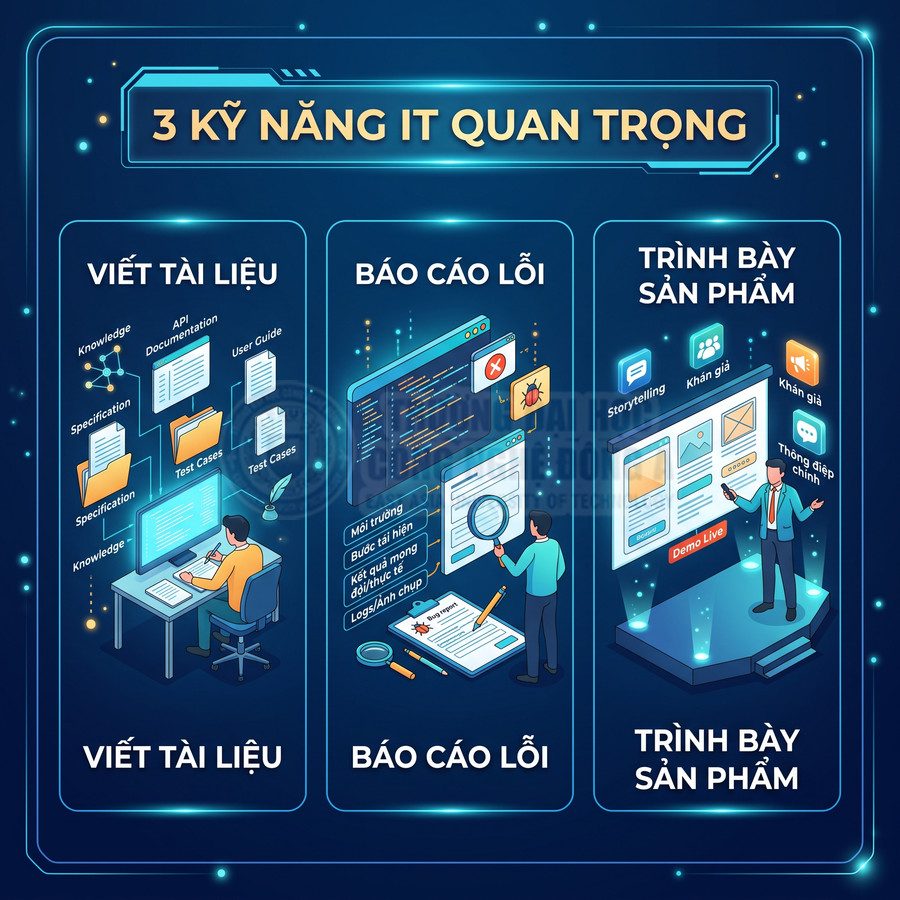 Minh họa 3 kỹ năng IT quan trọng gồm viết tài liệu, báo cáo lỗi và trình bày sản phẩm