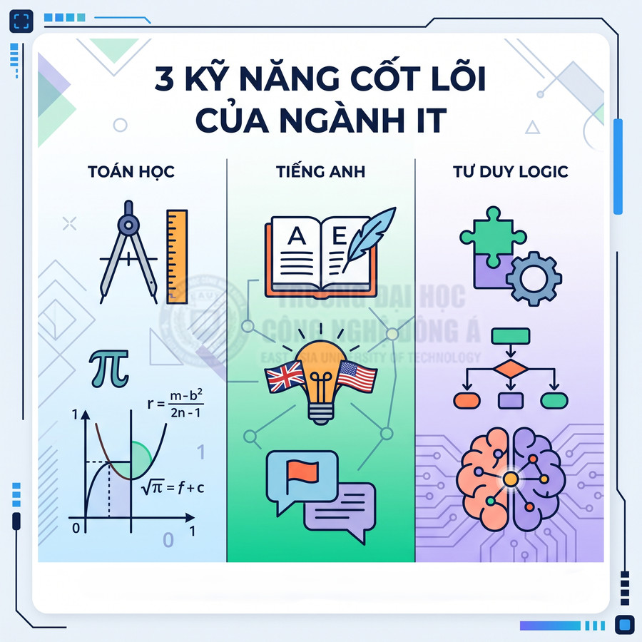 3 kỹ năng cốt lõi ngành IT gồm toán học, tiếng Anh và tư duy logic minh họa bằng biểu tượng trực quan