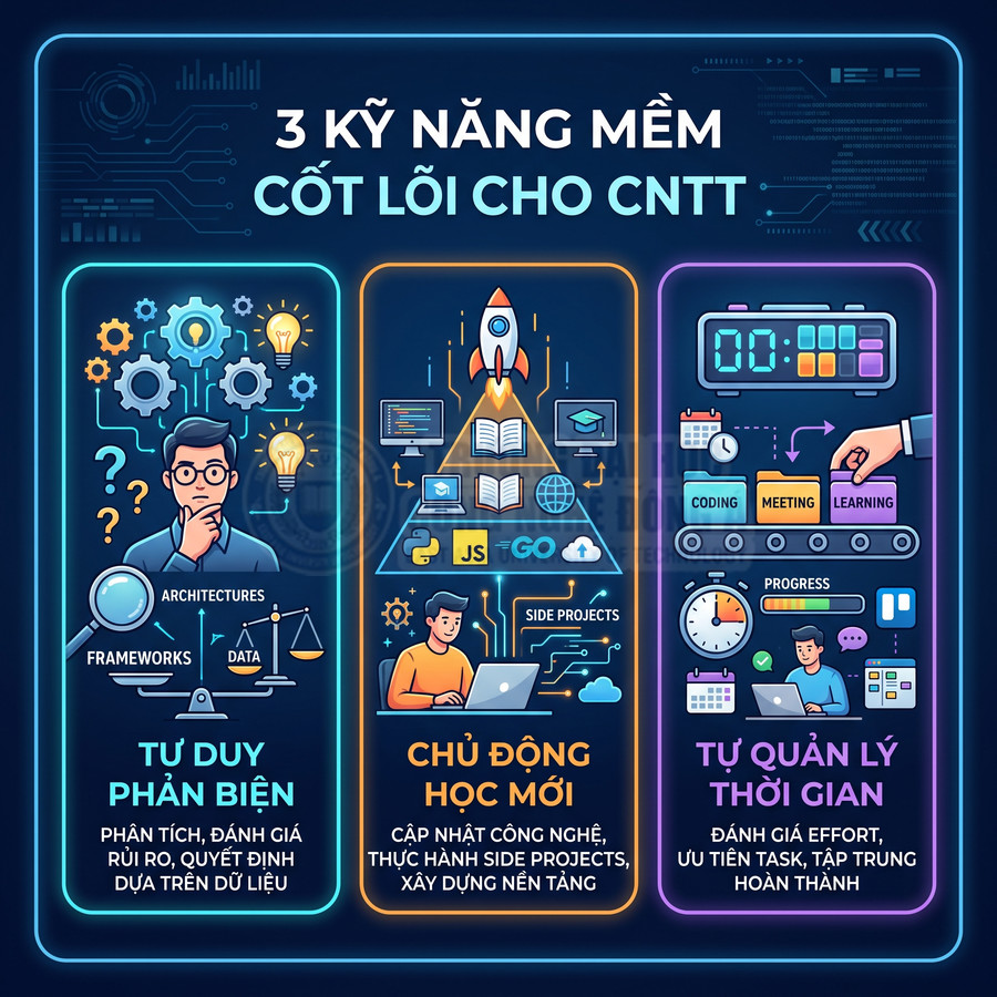 Infographic 3 kỹ năng mềm cốt lõi cho dân IT gồm tư duy phản biện, chủ động học mới và tự quản lý thời gian