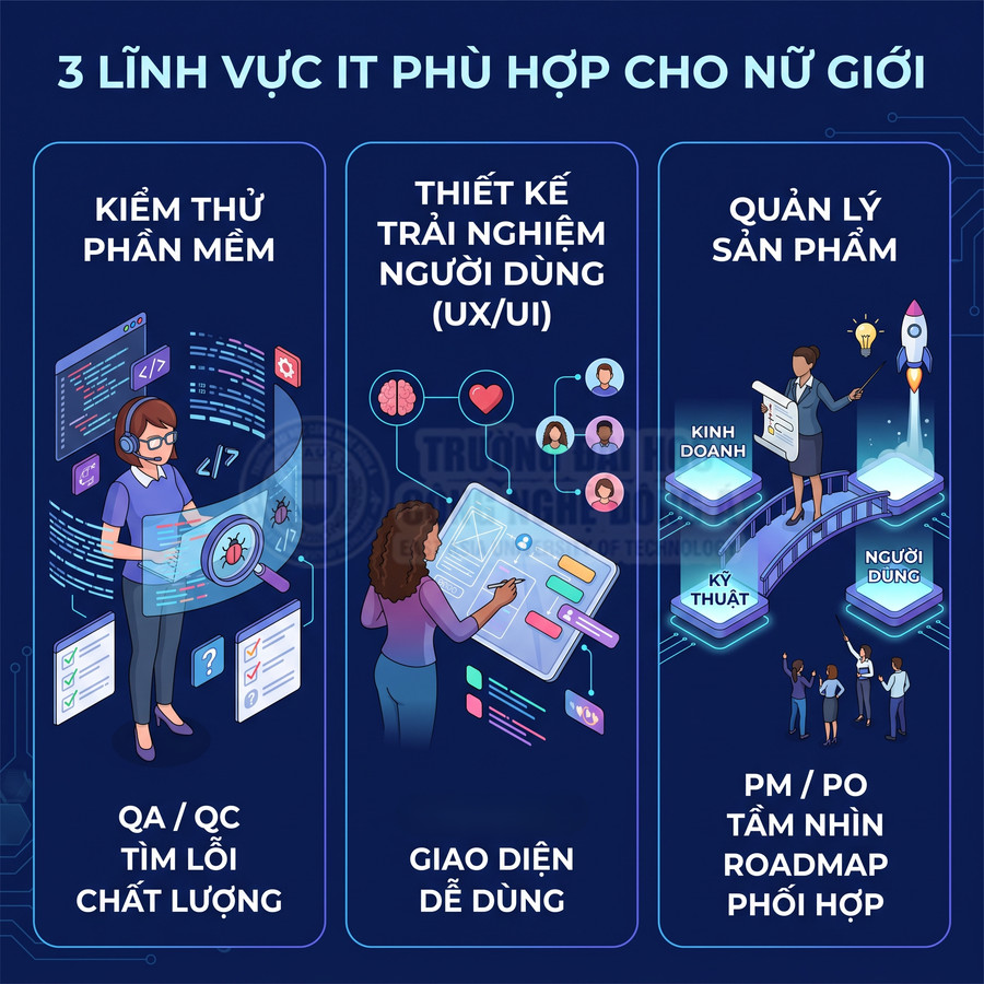 3 lĩnh vực IT phù hợp cho nữ giới gồm kiểm thử phần mềm, thiết kế UX UI và quản lý sản phẩm