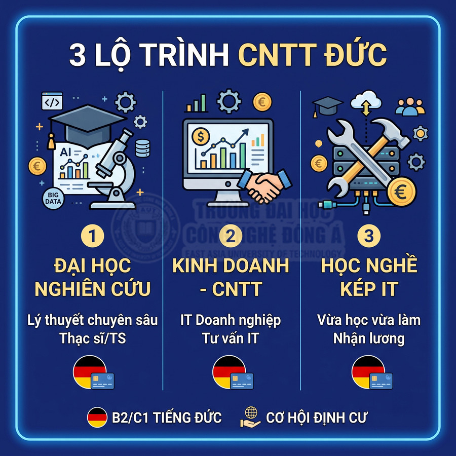 Infographic 3 lộ trình học CNTT tại Đức gồm đại học nghiên cứu, kinh doanh CNTT và học nghề kép IT