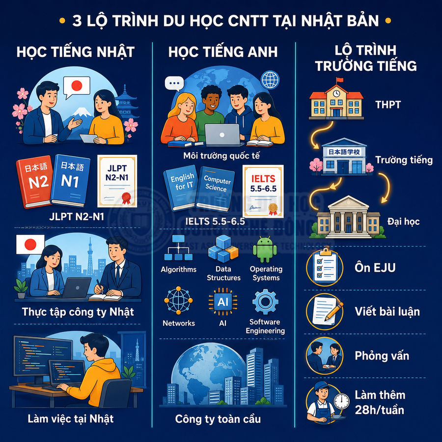 Infographic 3 lộ trình du học CNTT tại Nhật Bản bằng tiếng Nhật, tiếng Anh và lộ trình trường tiếng