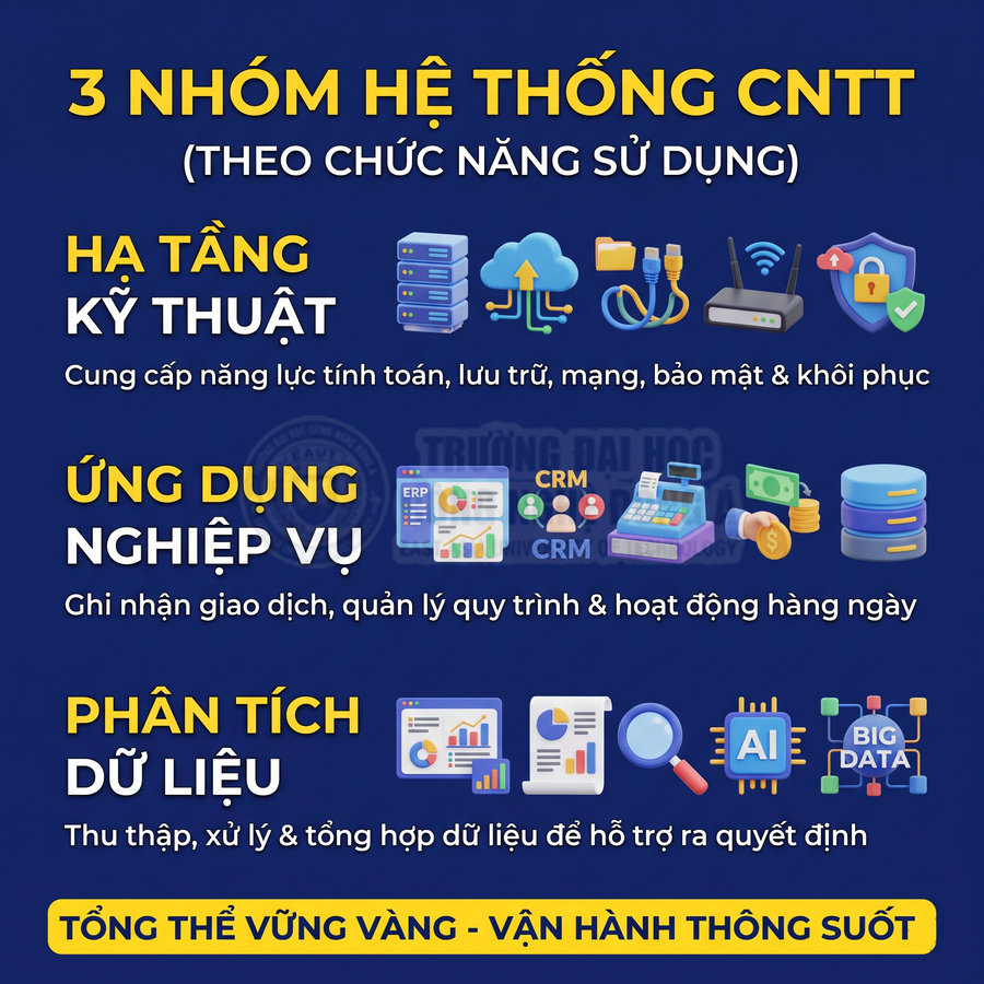 Ba nhóm hệ thống CNTT gồm hạ tầng kỹ thuật, ứng dụng nghiệp vụ và phân tích dữ liệu