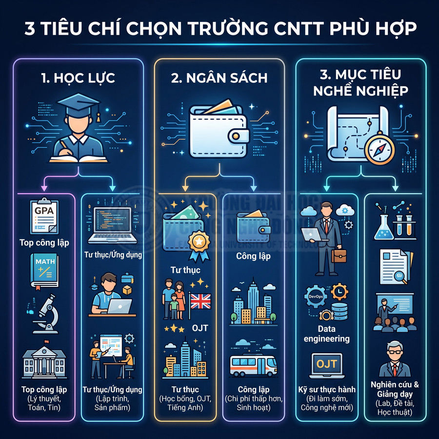 Infographic 3 tiêu chí chọn trường CNTT phù hợp theo học lực, ngân sách và mục tiêu nghề nghiệp