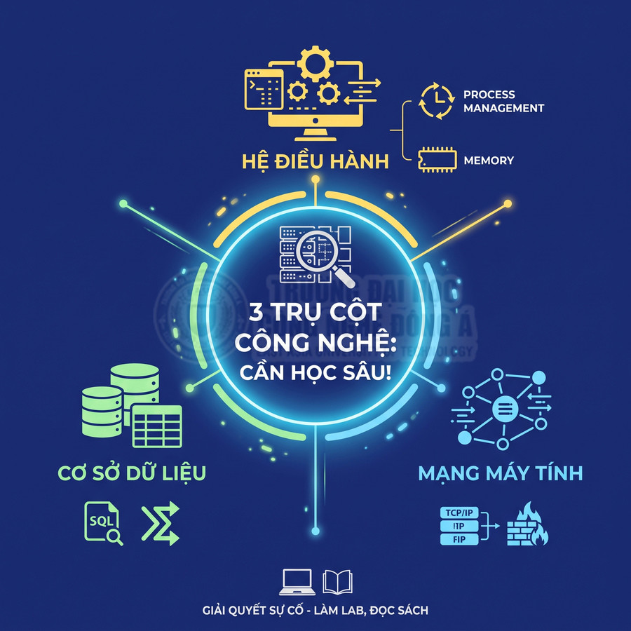 3 trụ cột công nghệ cần học sâu gồm hệ điều hành, cơ sở dữ liệu và mạng máy tính trên nền xanh
