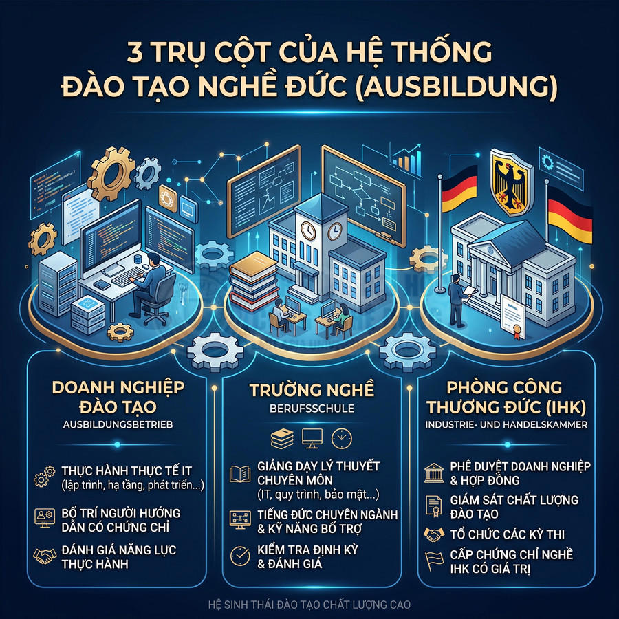 Mô hình minh họa 3 trụ cột hệ thống đào tạo nghề Đức Ausbildung với doanh nghiệp, trường nghề và phòng công thương