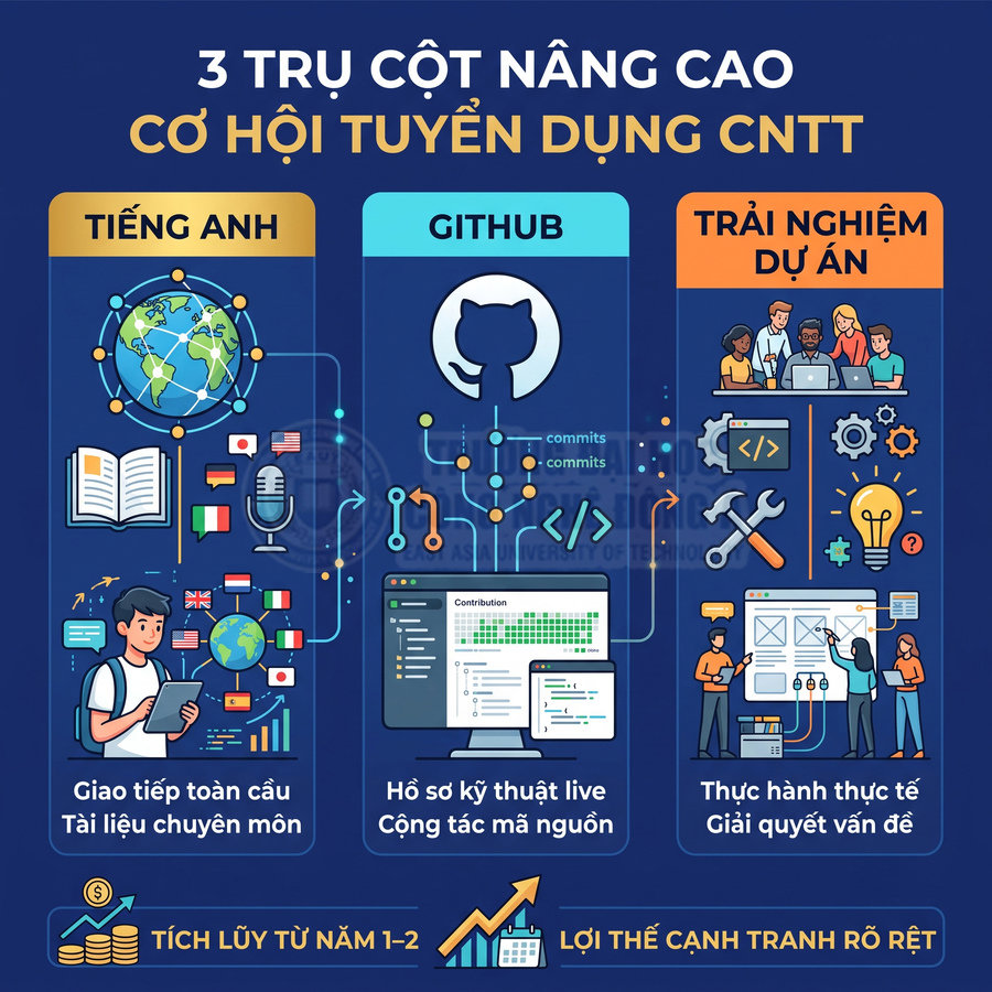 3 trụ cột nâng cao cơ hội tuyển dụng CNTT gồm tiếng Anh, GitHub và trải nghiệm dự án thực tế