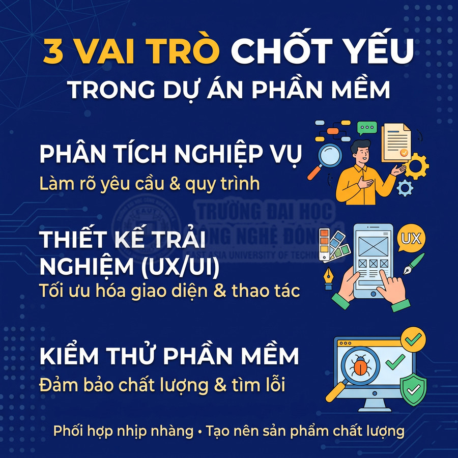 Ba vai trò trong dự án phần mềm: phân tích nghiệp vụ, thiết kế UX/UI và kiểm thử phần mềm