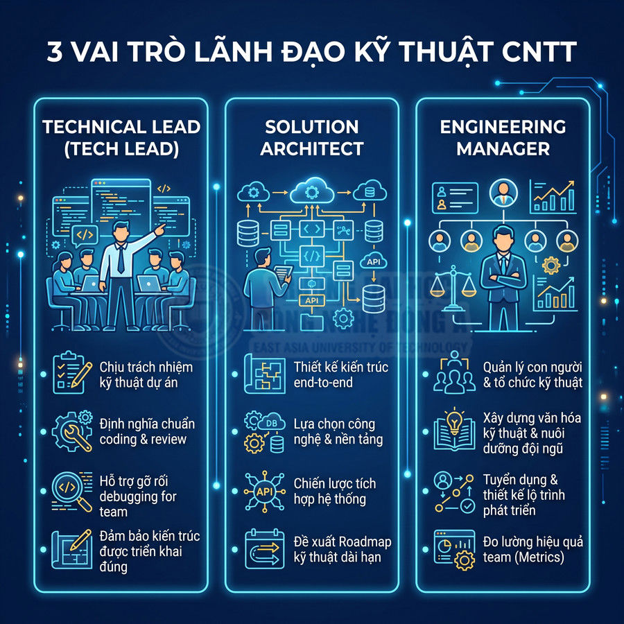 Minh họa 3 vai trò lãnh đạo kỹ thuật CNTT: Tech Lead, Solution Architect và Engineering Manager cùng nhiệm vụ chính