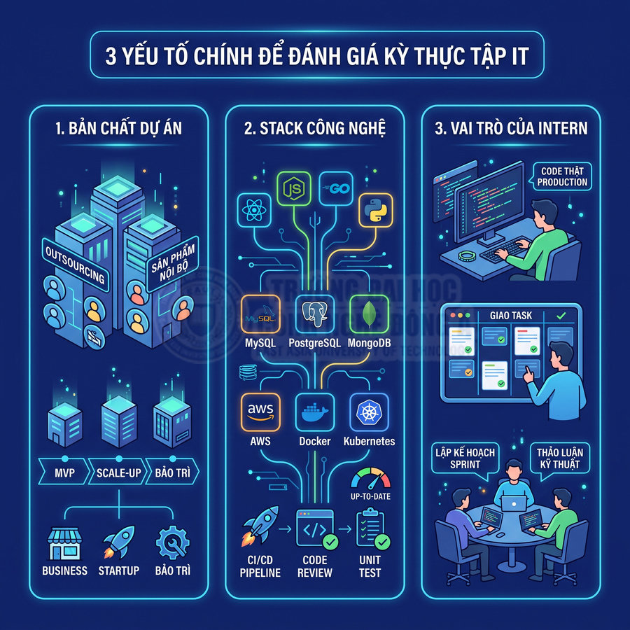 Infographic 3 yếu tố đánh giá kỳ thực tập IT về bản chất dự án, stack công nghệ và vai trò của intern