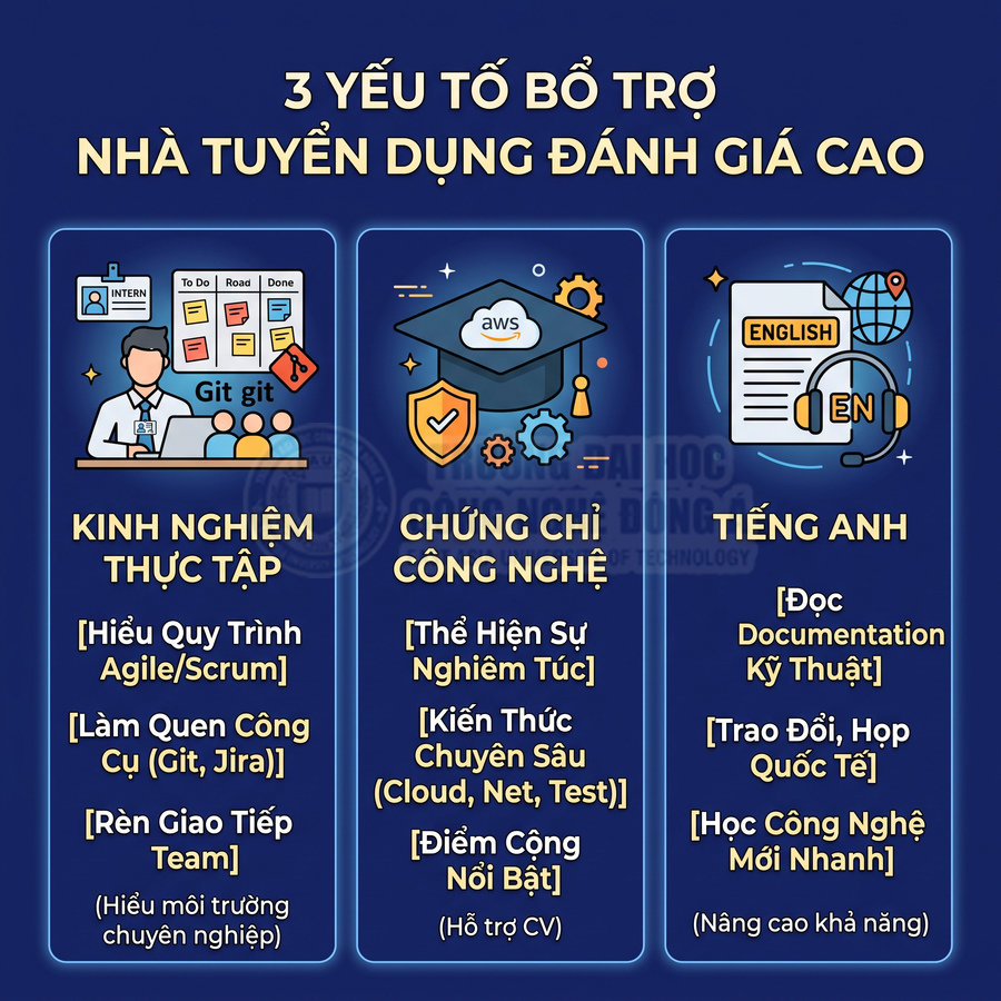 Infographic 3 yếu tố hỗ trợ nhà tuyển dụng đánh giá cao: kinh nghiệm thực tập, chứng chỉ công nghệ AWS, tiếng Anh