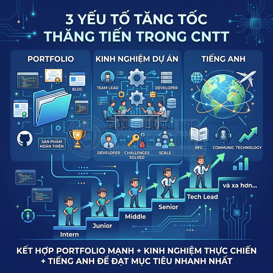 Minh họa 3 yếu tố giúp thăng tiến trong ngành CNTT gồm portfolio, kinh nghiệm dự án và tiếng Anh