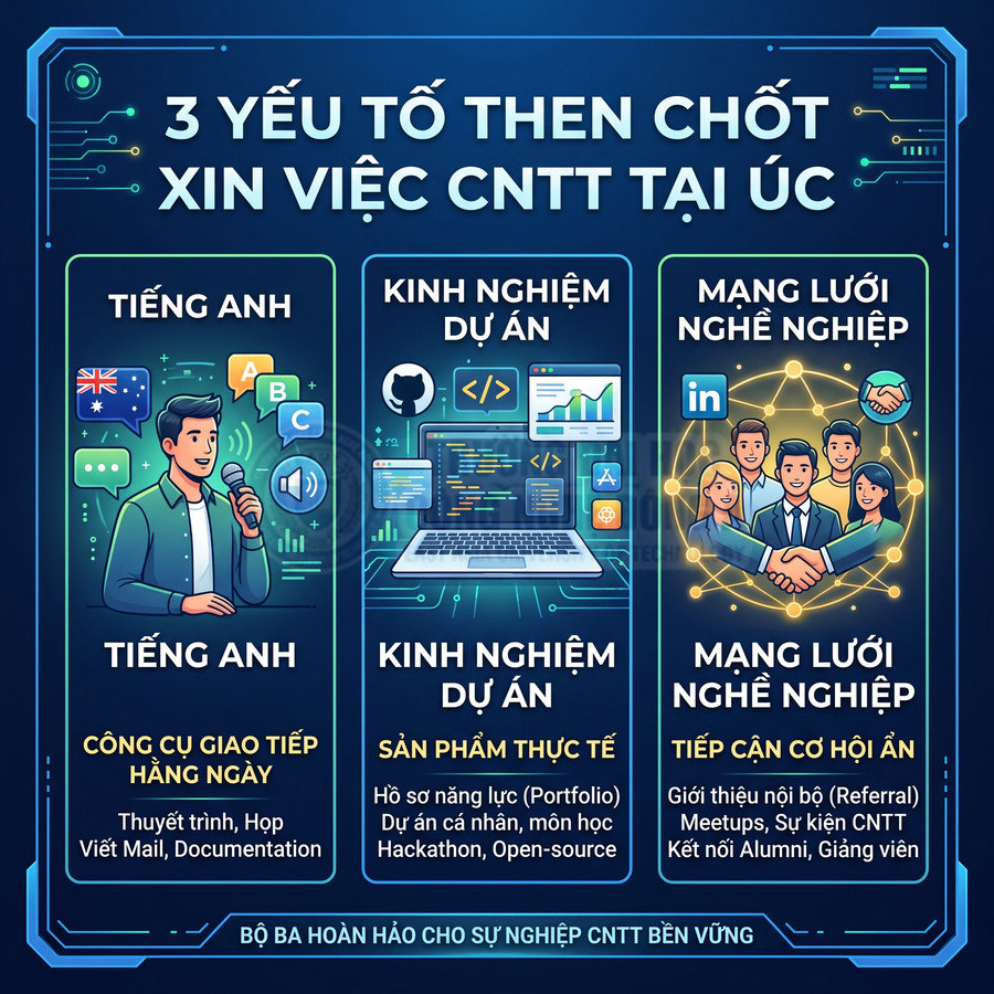 3 yếu tố then chốt xin việc ngành CNTT tại Úc gồm tiếng Anh, kinh nghiệm dự án và mạng lưới nghề nghiệp