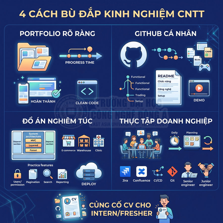 4 cách bù đắp kinh nghiệm CNTT giúp củng cố CV intern fresher với portfolio, GitHub, đồ án và thực tập doanh nghiệp