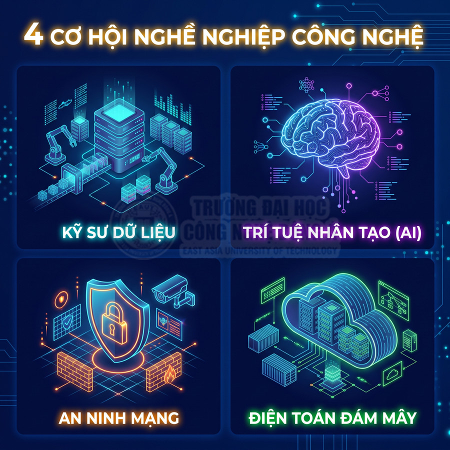 4 cơ hội nghề nghiệp công nghệ gồm kỹ sư dữ liệu, trí tuệ nhân tạo, an ninh mạng và điện toán đám mây