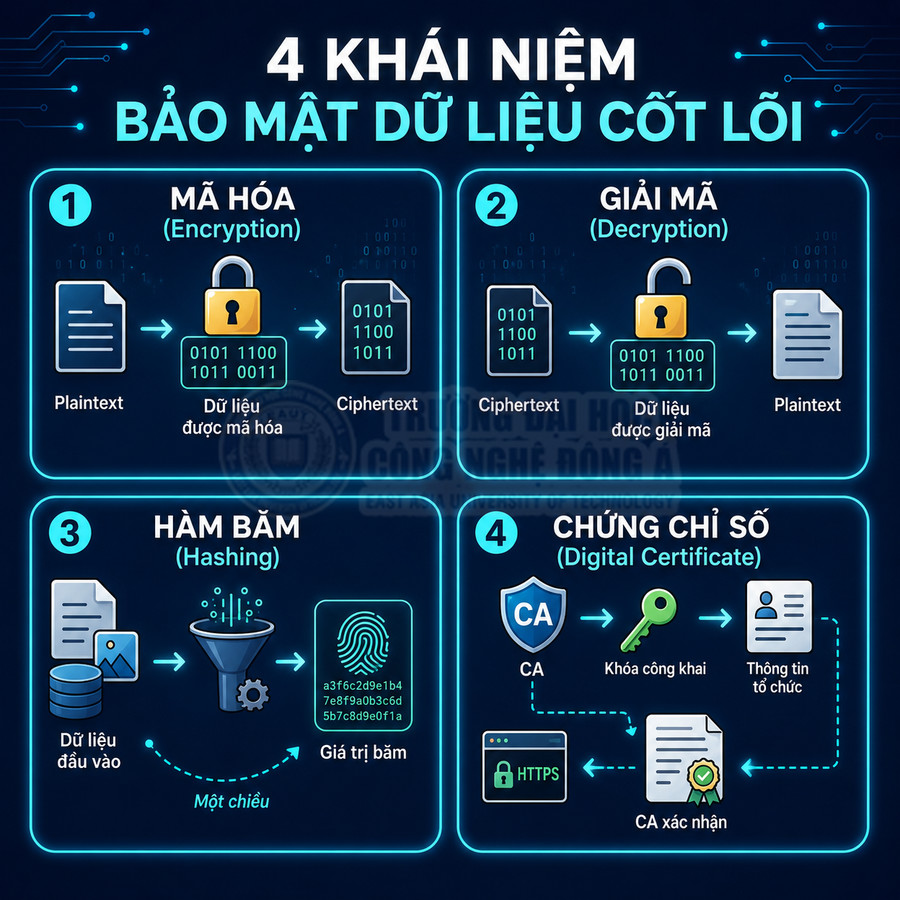 Infographic 4 khái niệm bảo mật dữ liệu cốt lõi gồm mã hóa, giải mã, hàm băm và chứng chỉ số