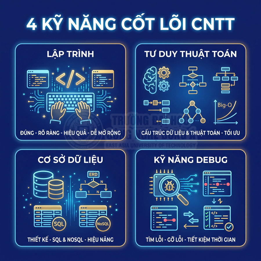 Infographic 4 kỹ năng cốt lõi CNTT gồm lập trình, tư duy thuật toán, cơ sở dữ liệu và kỹ năng debug