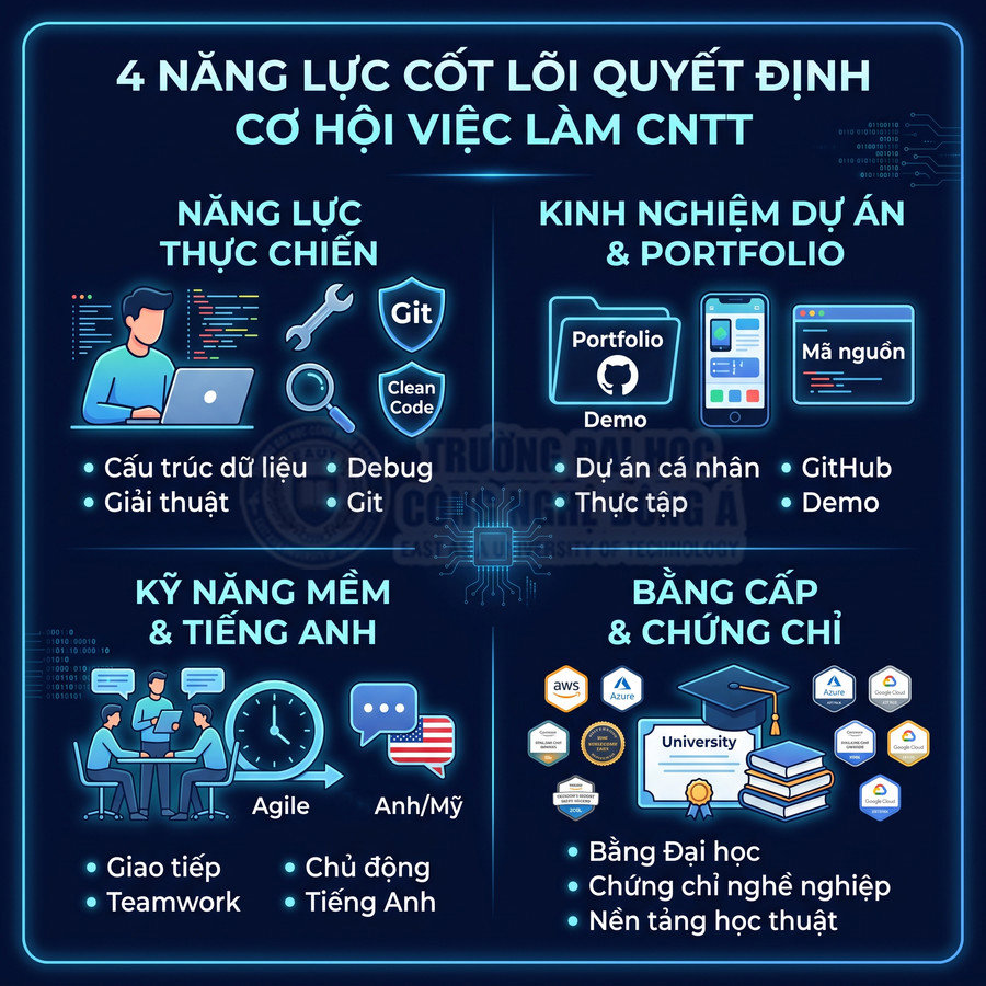 Infographic 4 năng lực cốt lõi quyết định cơ hội việc làm ngành CNTT cho sinh viên và lập trình viên