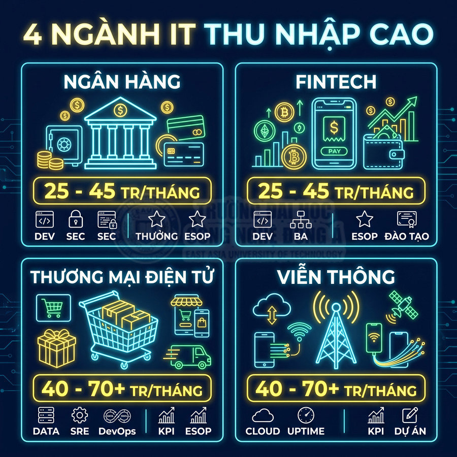 4 ngành IT thu nhập cao gồm ngân hàng, fintech, thương mại điện tử và viễn thông với mức lương 25 đến 70 triệu
