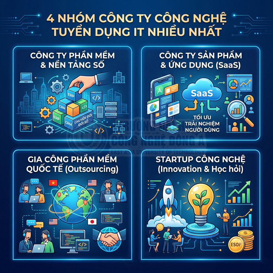 4 nhóm công ty công nghệ tuyển dụng IT nhiều nhất với minh họa phần mềm, SaaS, outsourcing và startup