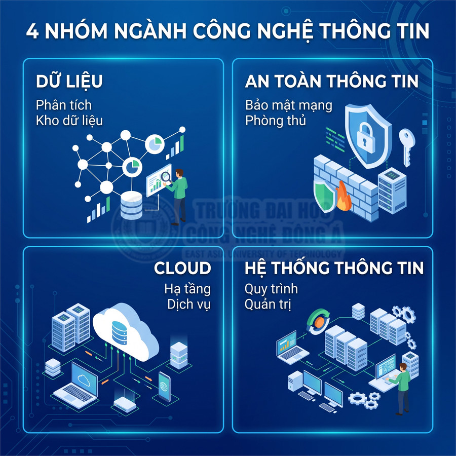 4 nhóm ngành công nghệ thông tin gồm dữ liệu, an toàn thông tin, cloud và hệ thống thông tin