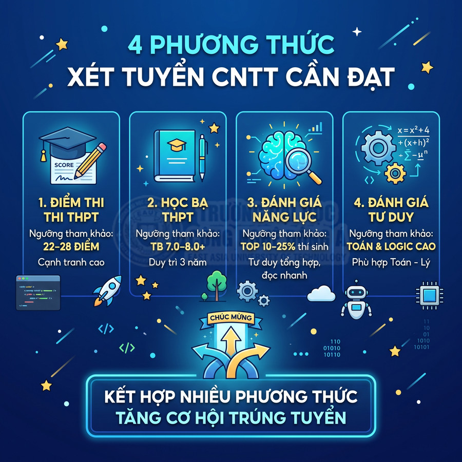 Infographic 4 phương thức xét tuyển ngành CNTT gồm điểm thi THPT, học bạ, đánh giá năng lực và đánh giá tư duy