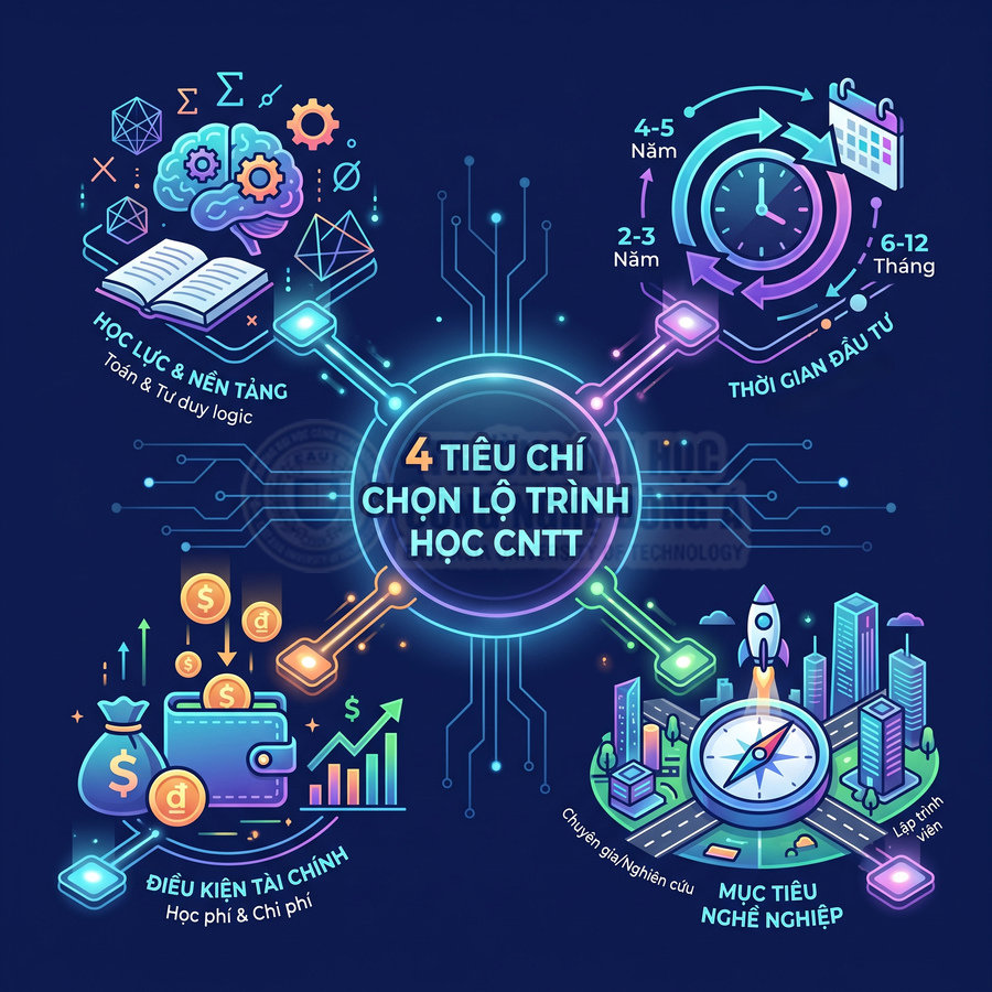 Infographic 4 tiêu chí chọn lộ trình học CNTT về học lực, thời gian đầu tư, điều kiện tài chính và mục tiêu nghề nghiệp