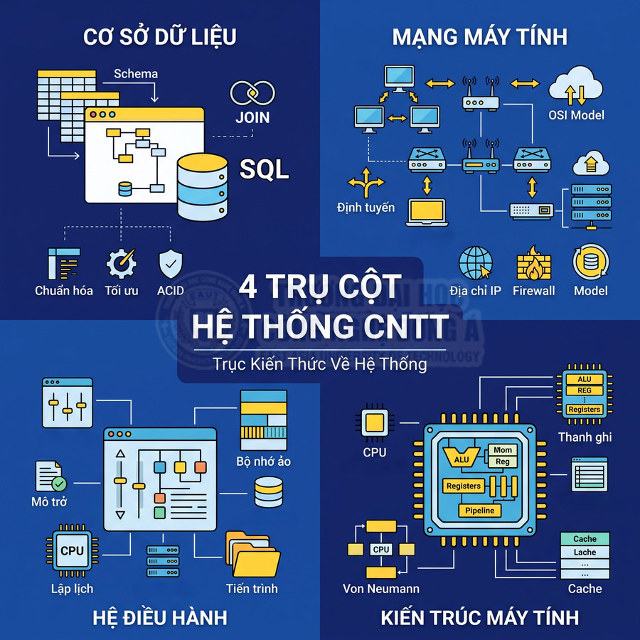 Infographic 4 trụ cột hệ thống CNTT gồm cơ sở dữ liệu, mạng máy tính, hệ điều hành và kiến trúc máy tính