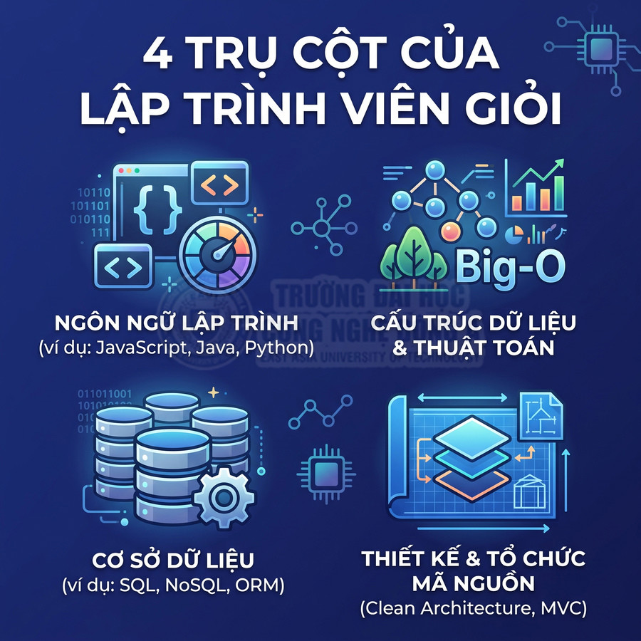 Infographic 4 trụ cột của lập trình viên giỏi gồm ngôn ngữ lập trình, cấu trúc dữ liệu, cơ sở dữ liệu và thiết kế mã nguồn