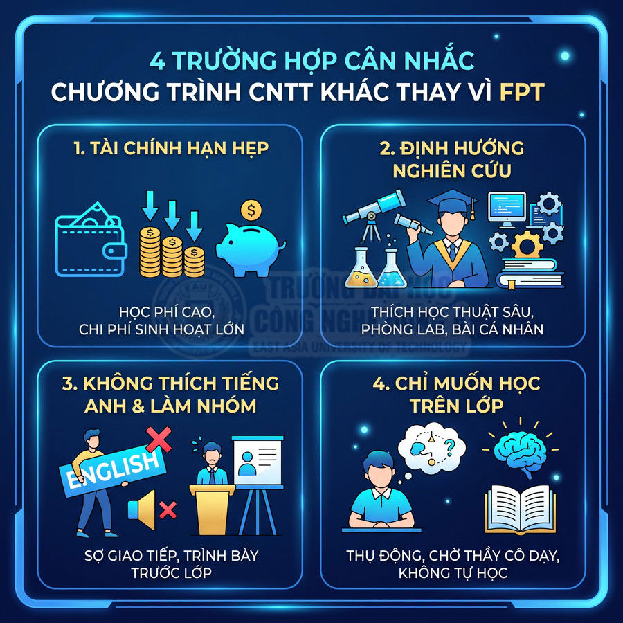 Infographic 4 trường hợp nên chọn chương trình CNTT khác thay vì FPT với minh họa sinh viên và biểu tượng học tập