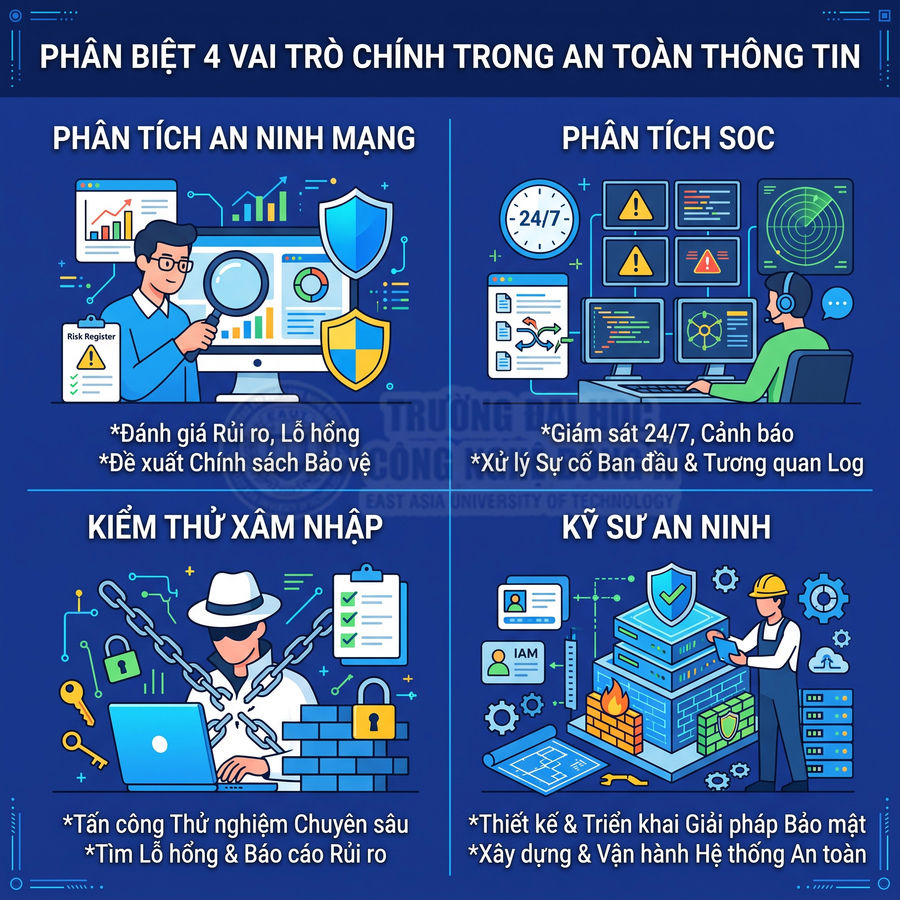 Minh họa bốn vai trò chính trong an toàn thông tin gồm phân tích an ninh mạng, SOC, kiểm thử xâm nhập và kỹ sư an ninh