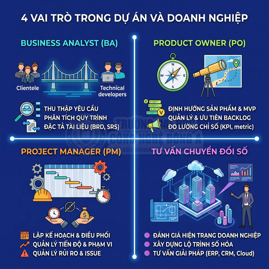 Mô tả 4 vai trò Business Analyst, Product Owner, Project Manager và tư vấn chuyển đổi số trong dự án doanh nghiệp