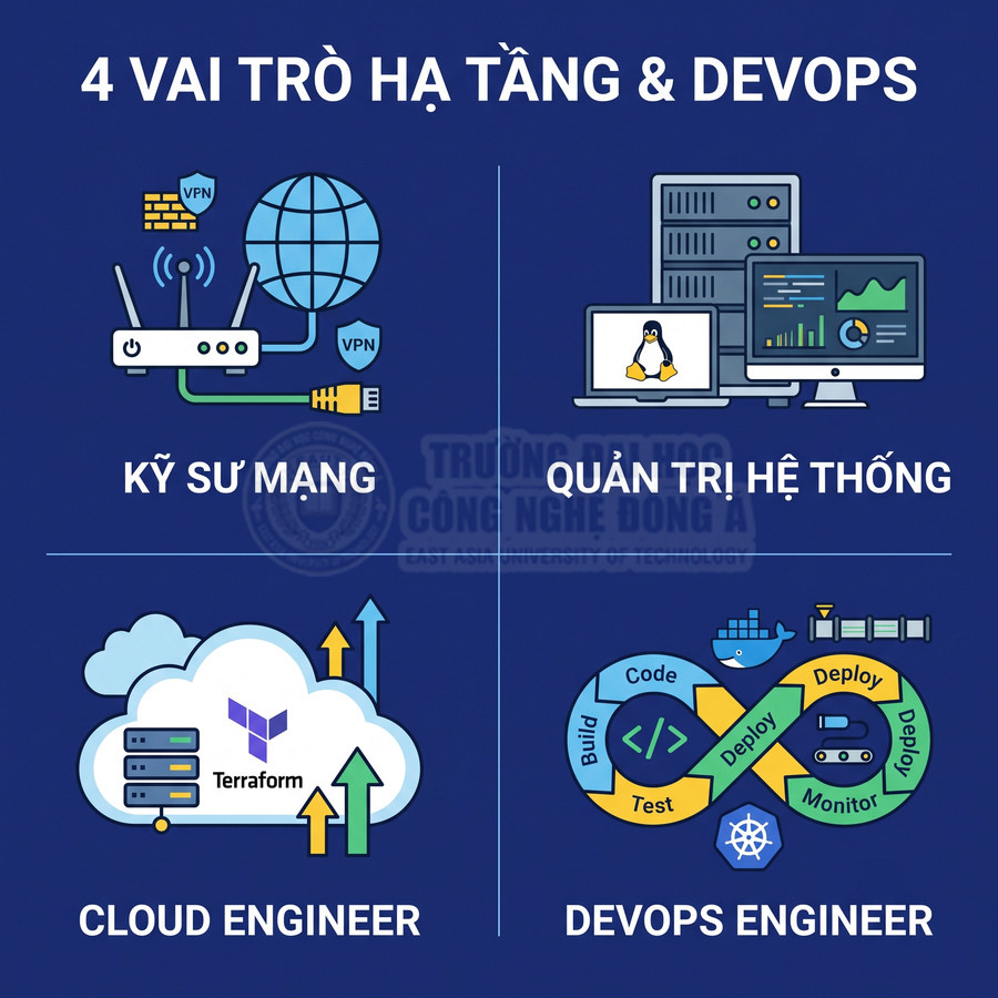 Minh họa 4 vai trò hạ tầng và DevOps gồm kỹ sư mạng, quản trị hệ thống, cloud engineer và DevOps engineer