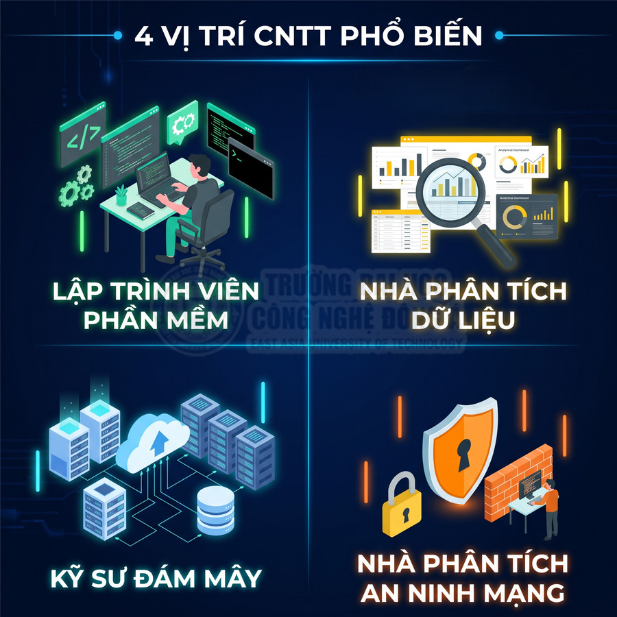 Minh họa bốn vị trí ngành CNTT phổ biến gồm lập trình viên, phân tích dữ liệu, kỹ sư đám mây, phân tích an ninh mạng