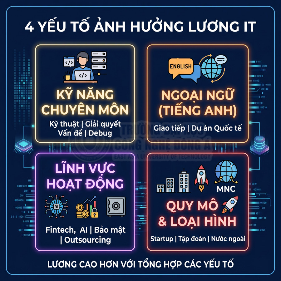 4 yếu tố ảnh hưởng lương IT gồm kỹ năng chuyên môn, ngoại ngữ, lĩnh vực hoạt động và quy mô loại hình doanh nghiệp