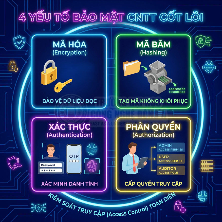 Minh họa 4 yếu tố bảo mật CNTT cốt lõi: mã hóa, mã băm, xác thực và phân quyền trong kiểm soát truy cập