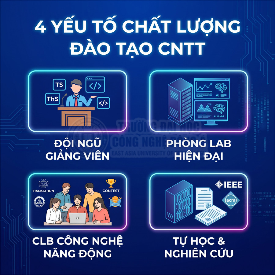 4 yếu tố chất lượng đào tạo CNTT với giảng viên, phòng lab hiện đại, CLB công nghệ và môi trường tự học nghiên cứu
