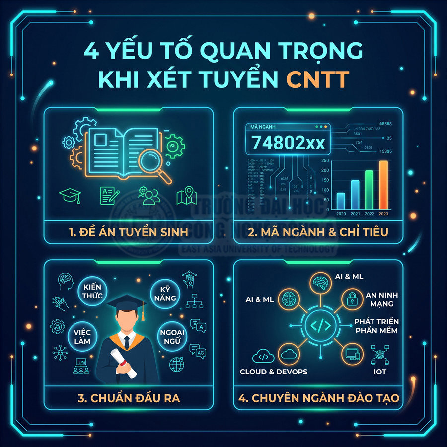 4 yếu tố quan trọng khi xét tuyển ngành công nghệ thông tin với đề án tuyển sinh, mã ngành, chuẩn đầu ra và chuyên ngành đào tạo
