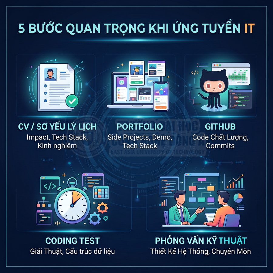 Infographic 5 bước quan trọng khi ứng tuyển IT gồm CV, portfolio, GitHub, coding test và phỏng vấn kỹ thuật
