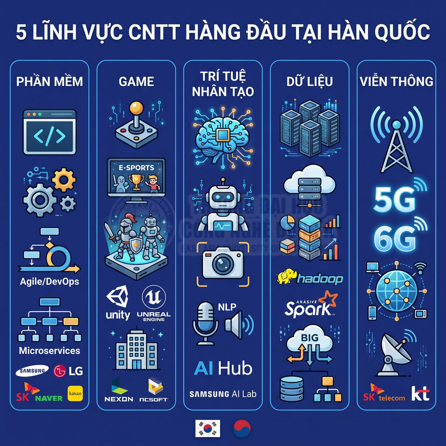 5 lĩnh vực CNTT hàng đầu Hàn Quốc gồm phần mềm, game, trí tuệ nhân tạo, dữ liệu lớn và viễn thông 5G 6G