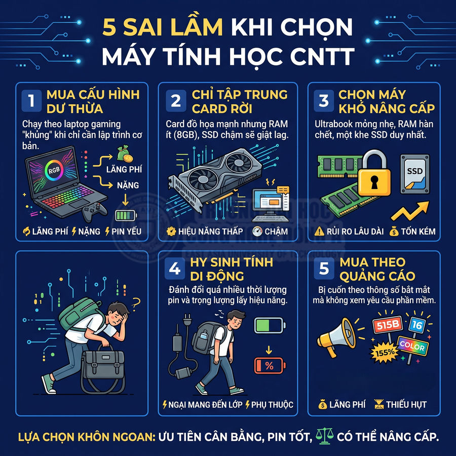 Infographic 5 sai lầm khi chọn mua laptop học CNTT với minh họa laptop gaming, card đồ họa, RAM, SSD và sinh viên mang balo