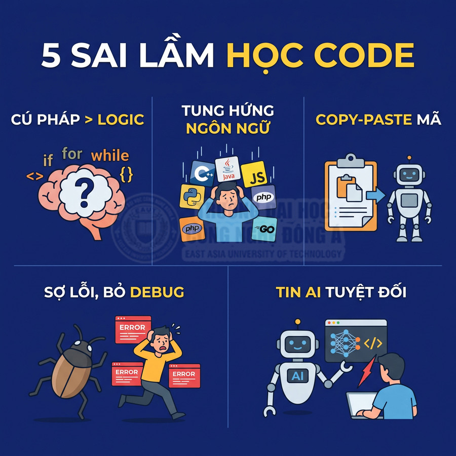 Minh họa 5 sai lầm khi học code với biểu tượng não, bug, robot AI và các ngôn ngữ Java, JavaScript, PHP, Go